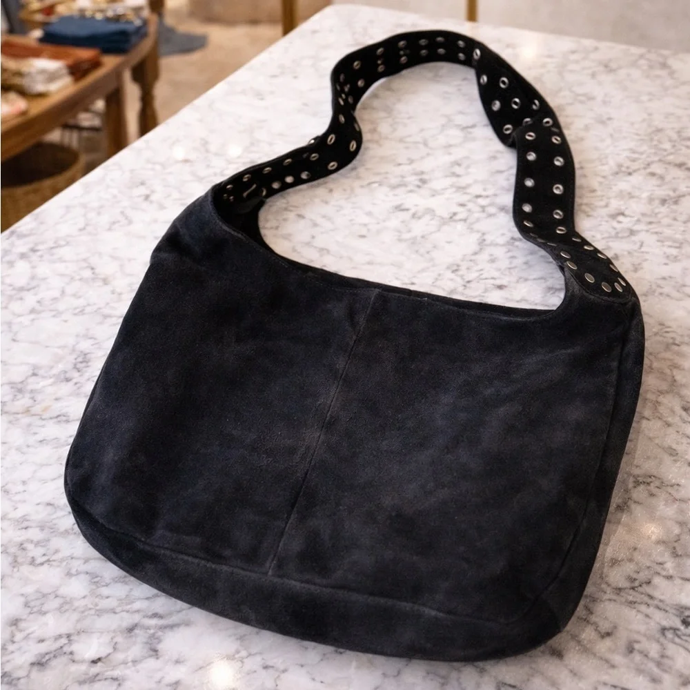 Free People Black Suede Studded Hobo Bag Large Boho Festival Slouchy Shoulder - Picture 3 of 10